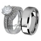 Nice His Tungsten & Hers .925 Sterling Silver Engagement Wedding Ring Band Set