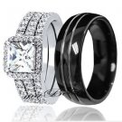 4 Pc Her 925 Sterling Silver His Black Tungsten Engagement Wedding Ring Band Set