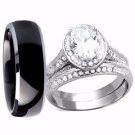 Her Halo Oval Cut  Stainless Steel His Titanium Chic Engagement Wedding Ring Set