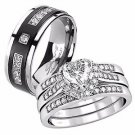 4 Pcs Her Sterling Silver Heart CZ His Titanium Matching Vogue Wedding Ring Set