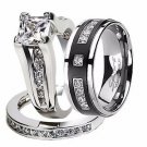 His Hers 3 Pcs Nice CZ .925 Sterling Silver Black Titanium Wedding Ring Band Set