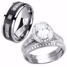 Her Halo Oval Cut Stainless Steel His Titanium AAA CZ Wedding Ring Band Set
