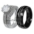 Hot 3 Pcs His Tungsten Hers 925 Sterling Silver Sale Wedding Ring Band Set