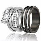 3 Pcs His & Hers Black Stainless Steel 2.75Ct Engagement Wedding Rings Band Set