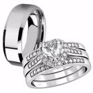 4 Pcs Her Sterling Silver Heart CZ His Tungsten Matching Wedding Ring Band Set