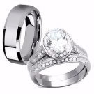 Her Halo Oval Cut Stainless Steel & His Tungsten Matching Wedding Ring Band Set