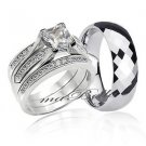 Copule 4 Pc Hers Sterling Silver His Tungsten Wedding Engagement Ring Band Set