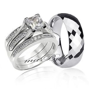 Copule 4 Pc Hers Sterling Silver His Tungsten Wedding Engagement Ring Band Set