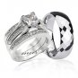 Copule 4 Pc Hers Sterling Silver His Tungsten Wedding Engagement Ring Band Set
