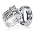 4 Pc Hers 925 Sterling Silver His Tungsten CZ Wedding Engagement Ring Band Set