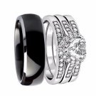 Her .925 Sterling Silver Heart CZ His Titanium Matching Wedding Ring Band Set