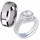 4.95Ct Hers .925 Sterling Silver & His Tungsten 4PC Bridal Wedding Ring Band Set