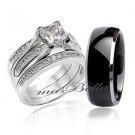 Hot 4 Pc Her Sterling Silver His Black Tungsten Wedding Engagement Ring Band Set