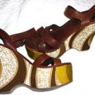 Miu Miu Brown Woman Yellow Textile Platform Leather Italian Shoes Size 7