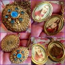 Vintage Filigree Locket Shrine Necklace Blue Rhinestone Miraculous Medal Reliquary Virgin Mary Jesus