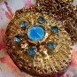Vintage Filigree Locket Shrine Necklace Blue Rhinestone Miraculous Medal Reliquary Virgin Mary Jesus