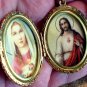 Vintage Filigree Locket Shrine Necklace Blue Rhinestone Miraculous Medal Reliquary Virgin Mary Jesus