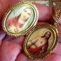 Vintage Filigree Locket Shrine Necklace Blue Rhinestone Miraculous Medal Reliquary Virgin Mary Jesus
