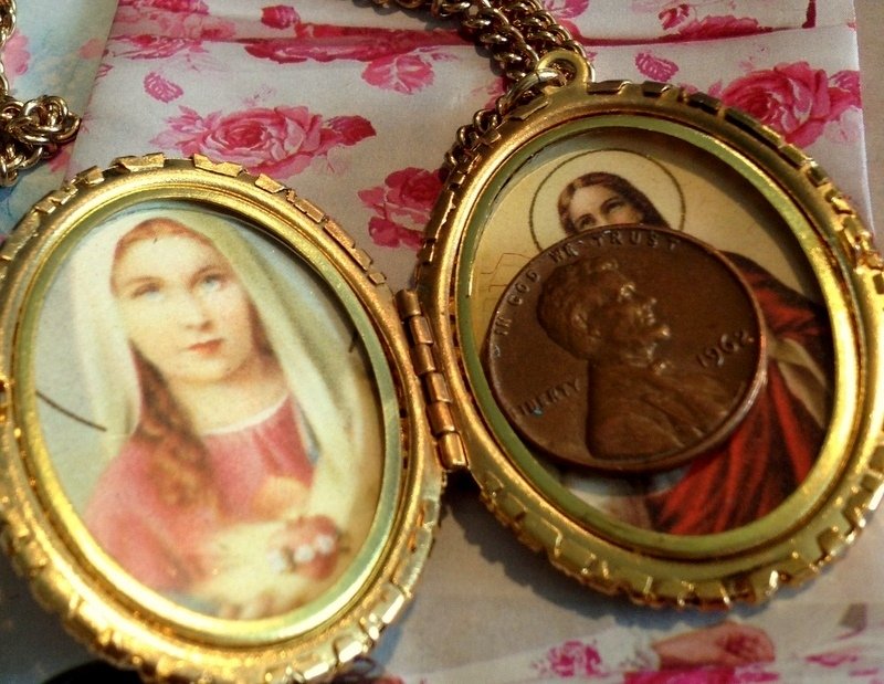 Vintage Filigree Locket Shrine Necklace Blue Rhinestone Miraculous