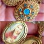 Vintage Filigree Locket Shrine Necklace Blue Rhinestone Miraculous Medal Reliquary Virgin Mary Jesus