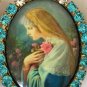 Large Vintage Rhinestone Mystical Rose Cameo prayer Locket Pendant Virgin Mother Mary Shrine