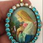Large Vintage Rhinestone Mystical Rose Cameo prayer Locket Pendant Virgin Mother Mary Shrine
