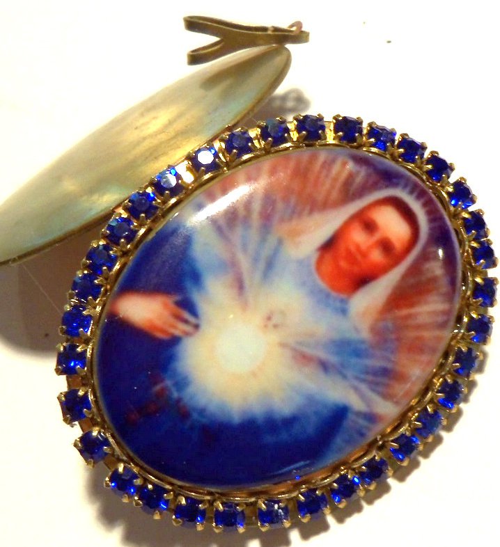Large Catholic Rhinestone Cameo Locket Virgin Mary Immaculate Sacred Heart Pendant OOAK