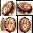 2" Vintage Sacred Heart of Jesus Red Rhinestone Cameo Locket Prayer Petition Catholic Pendant