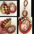 X Large Vintage Red Rhinestone Sacred Heart Jesus Cameo Locket Shrine Pendant Prayer Petition Beads
