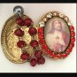 X Large Vintage Red Rhinestone Sacred Heart Jesus Cameo Locket Shrine Pendant Prayer Petition Beads