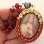 X Large Vintage Red Rhinestone Sacred Heart Jesus Cameo Locket Shrine Pendant Prayer Petition Beads
