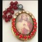 X Large Vintage Red Rhinestone Sacred Heart Jesus Cameo Locket Shrine Pendant Prayer Petition Beads