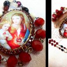 Red Rhinestone Madonna and Child Prayer Petition Beads Cameo Locket Vintage OOAK Catholic Pendant