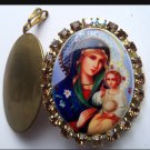 2" Icon Porcelain cameo Locket Madonna Jesus Mother Mary Prayer Petition Rhinestone Pendant