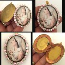 2" Large Vintage Mystical Rose Virgin Mary Pink Rhinestone Glass cameo locket Prayer Pendant