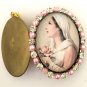2" Large Vintage Mystical Rose Virgin Mary Pink Rhinestone Glass cameo locket Prayer Pendant