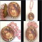 2" Pink Rhinestone Sacred Heart Jesus Pendant Cameo Locket w/ Prayer Petition Beads Crown of Thorns
