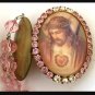 2" Pink Rhinestone Sacred Heart Jesus Pendant Cameo Locket w/ Prayer Petition Beads Crown of Thorns
