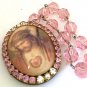 2" Pink Rhinestone Sacred Heart Jesus Pendant Cameo Locket w/ Prayer Petition Beads Crown of Thorns
