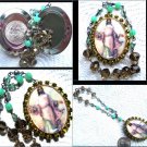 Vintage Rhinestone Jesus Christ Divine Mercy Prayer Petition Cameo Locket Glass Beads Shrine Pendant