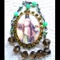 Vintage Rhinestone Jesus Christ Divine Mercy Prayer Petition Cameo Locket Glass Beads Shrine Pendant