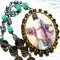 Vintage Rhinestone Jesus Christ Divine Mercy Prayer Petition Cameo Locket Glass Beads Shrine Pendant