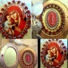 2" Large Madonna & Child Red Rhinestone Porcelain Cameo Locket Virgin Mary Prayer Petition Pendant
