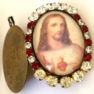 Catholic Jewelry Large Vintage Rhinestone Sacred Heart of Jesus Cameo Locket Pendant Prayer Petition