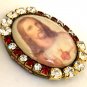 Catholic Jewelry Large Vintage Rhinestone Sacred Heart of Jesus Cameo Locket Pendant Prayer Petition