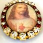 Catholic Jewelry Large Vintage Rhinestone Sacred Heart of Jesus Cameo Locket Pendant Prayer Petition