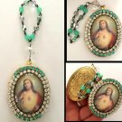 Large Rhinestone Sacred Heart of Jesus Cameo Locket Christian Prayer Petition Pendant Glass Beads