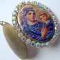 Large Mother Mary Jesus Icon Porcelain Cameo Locket AB Rhinestone Shrine Prayer Petition pendant