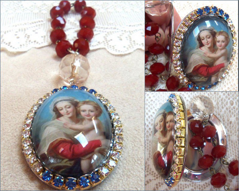 Large Rhinestone Glass Cameo Locket Prayer Petition Red Beads Virgin Mary Unique OOAK Catholic
