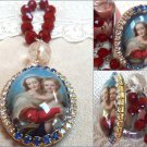 Large Rhinestone Glass Cameo Locket Prayer Petition Red Beads Virgin Mary Unique OOAK Catholic